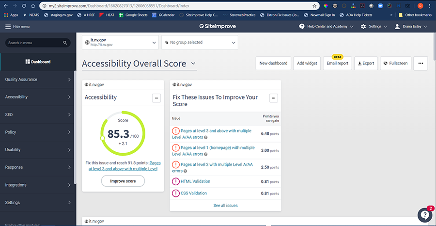 Siteimprove Accessibility Overall Score Dashboard Example